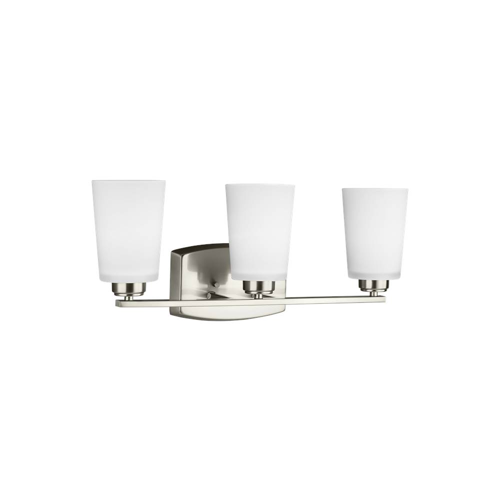Generation Lighting Franport Transitional 3-Light Led Indoor Dimmable Bath Vanity Wall Sconce In Brushed Nickel Silver Finish With Etched White Glass Shades